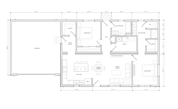 A floor plan of a house with a garage, living room, kitchen, and two bedrooms.
