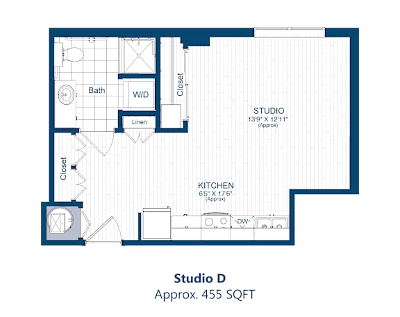 A floor plan of Studio D showing a bathroom, kitchen, and a studio space.