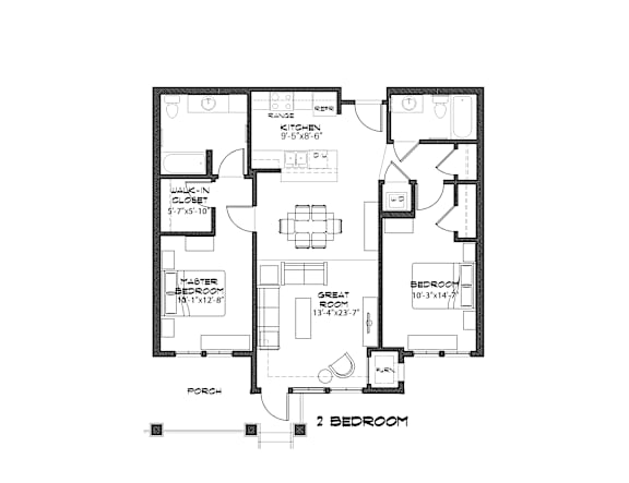 A black and white floor plan of a two bedroom apartment.