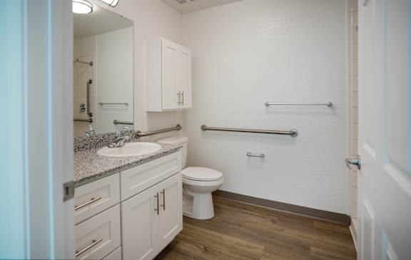 A white bathroom with a toilet, sink, and grab bars.
