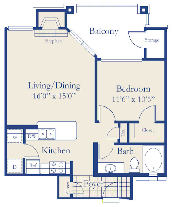 A floor plan of a house with a living/dining area, kitchen, bedroom, bath, and balcony.