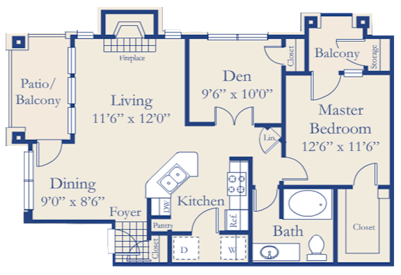 A blue and white floor plan of a house with a living room, dining room, kitchen, pantry, and two bedrooms.