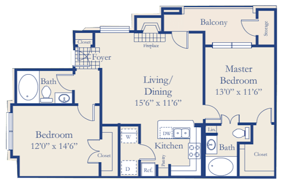 A blueprint of a house layout with a living room, dining room, kitchen, and two bedrooms.