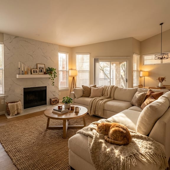 A cozy living room with a fireplace, a couch, a coffee table, and a cat resting on a blanket.