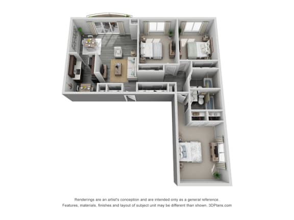 3 Bed 2 Bath Floor Plan at 444 Park Apartments, Richmond Heights, Ohio