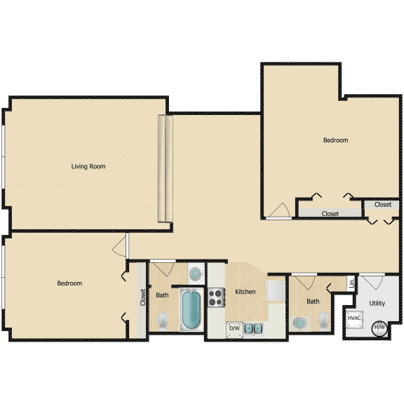 a floor plan of three suites with a large living room and two bedrooms