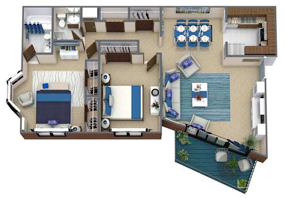 A 3D floor plan of a house with a living room, kitchen, dining room, and bedrooms.