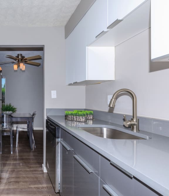 a kitchen with white cabinets and a stainless steel sink at 444 Park Apartments, Richmond Heights