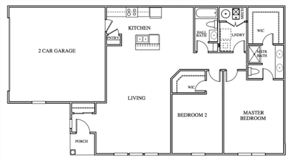 A floor plan of a house with a kitchen, two bedrooms, a living room, a porch, and a 2 car garage.