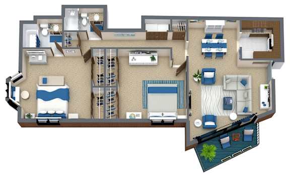 A 3D floor plan of a house with a kitchen, living room, and bedrooms.