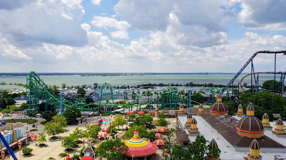 A view of a park with a large green roller coaster and other rides.