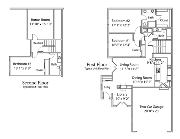 A black and white image of a two-story house floor plan.