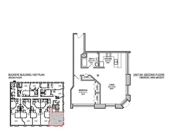 a floor plan of a building with a red line on it