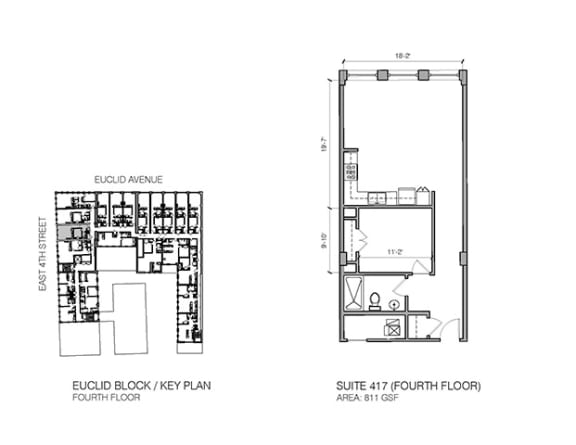 a floor plan of a building with two different elevations