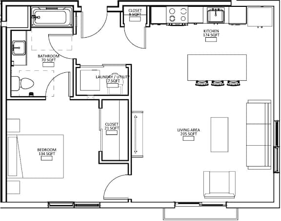 Floor Plan  1 Bed 1 Bath L