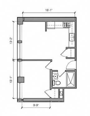 1 Bed 1 Bath 19-S Floor Plan at East 4th Street, Cleveland, OH, 44115