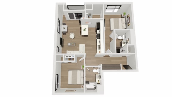 2 bed  2 bath floor plan A at TREO Apartments, Cleveland, OH, 44116
