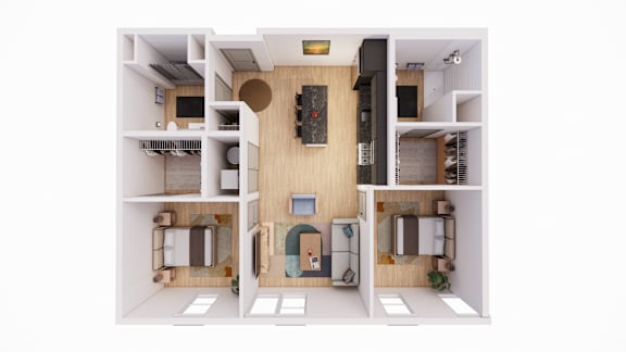 A top down view of a small apartment with a kitchen, living room, and two bedrooms.