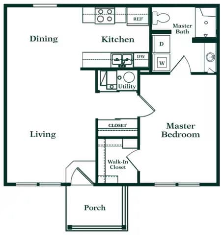 A floor plan of a house with a kitchen, dining area, living room, porch, and two bedrooms.