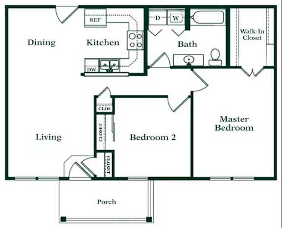 A floor plan of a house with a living room, dining room, kitchen, two bedrooms, a bathroom, and a porch.