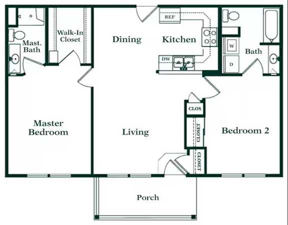 A floor plan of a house with a master bedroom, two bathrooms, a living room, a dining room, a kitchen, a porch, and a walk-in closet.