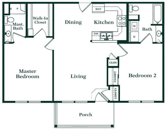 A black and white floor plan of a house with a master bedroom, a living room, a dining area, a kitchen, two bathrooms, and a porch.
