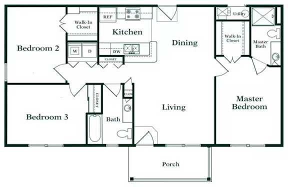 A floor plan of a house with a kitchen, dining area, and three bedrooms.