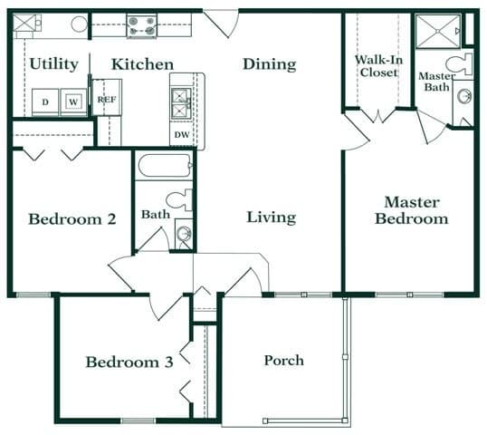 A floor plan of a house with a living room, dining room, kitchen, and three bedrooms.