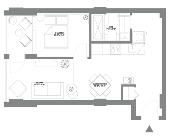 a floor plan of a small house with a bedroom and a living room