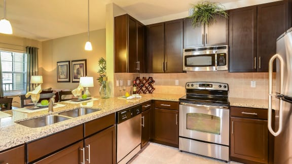 Chef-Style Kitchens with Stainless Steel Appliances and Granite Countertops at The Amalfi Clearwater Luxury Apartments in Clearwater, FL