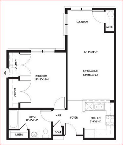 A floor plan of a house with a living area, dining area, kitchen, and bath.