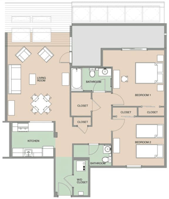 Two Bedroom Floor Plan at River Commons Affordable Apartments in Norwalk CT