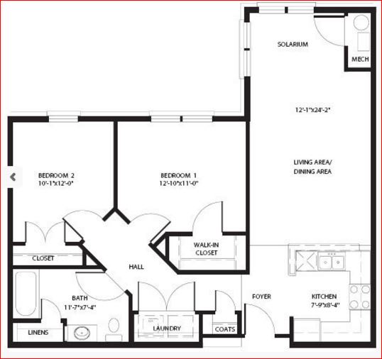 A floor plan of a house with two bedrooms, a living area, a kitchen, a bathroom, a laundry room, and a closet.