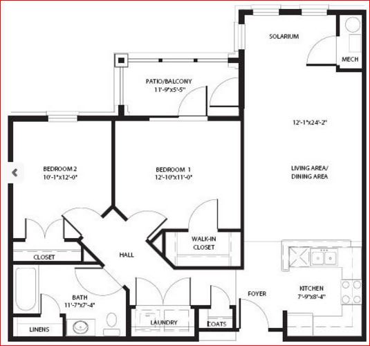 Two Bedroom Floor Plan Courtyard at Chester Village Senior Apartments in Chester VA