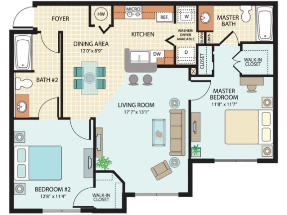 2 Bedroom Floor Plan at Colonial Lakes Apartments in Lake Worth, FL