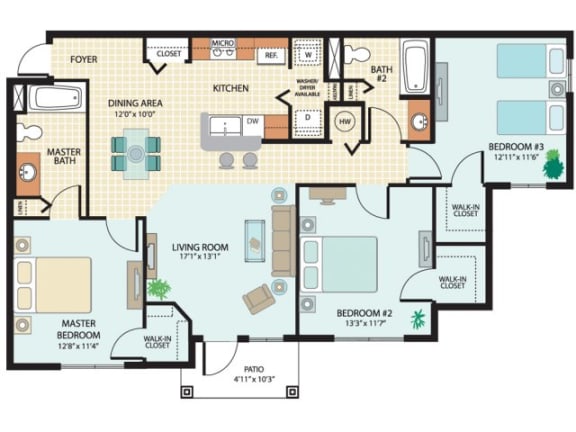 3 Bedroom Floor Plan at Colonial Lakes Apartments in Lake Worth, FL