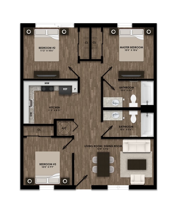 Three Bedroom Floor Plan at The Landings Affordable Apartments in Homestead, Florida