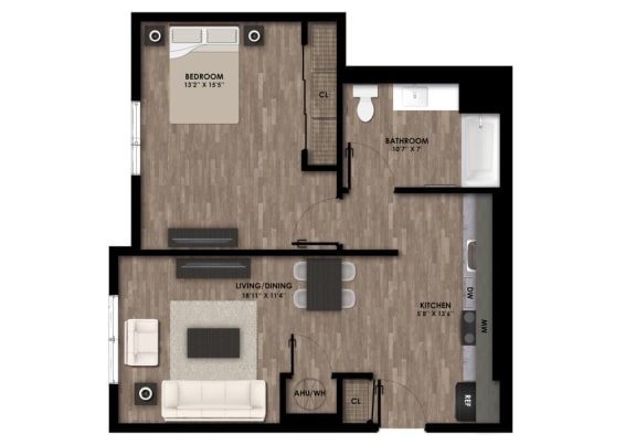 One Bedroom Floor Plan at The Retreat Affordable Apartments in Merced CA