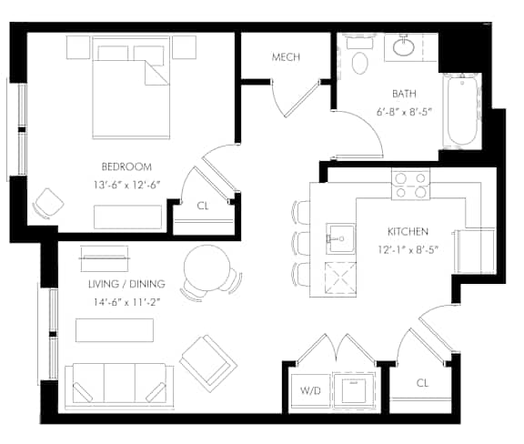 A black and white floor plan of a house with labeled rooms.