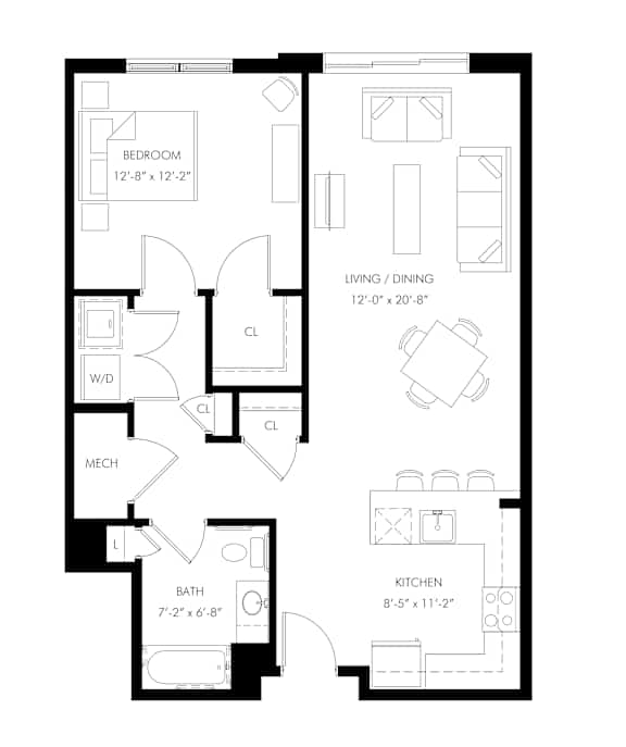A black and white image of a floor plan for the a6 one-bedroom at Wall Street Place
