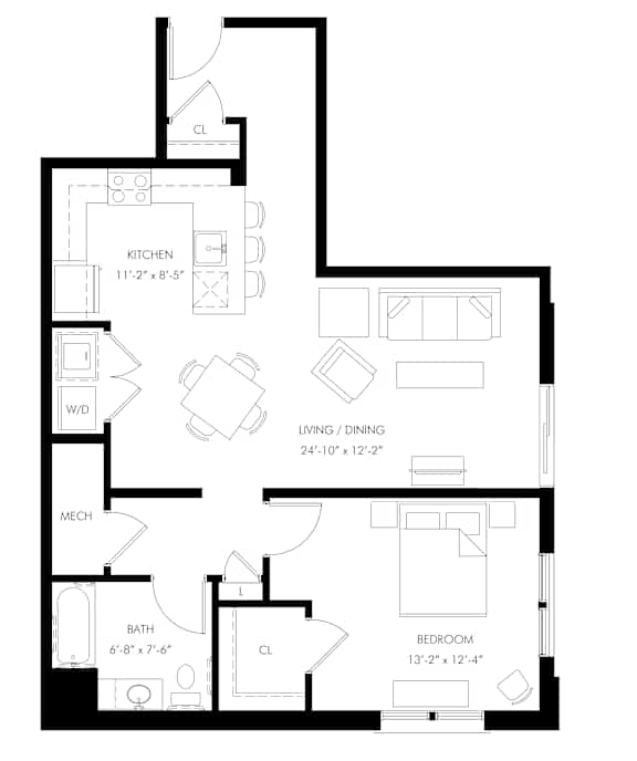 black and white apartment floor plan of the A7 | Wall Street Place