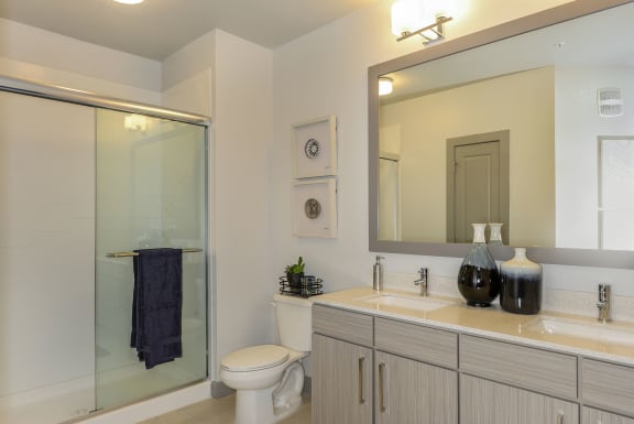 Double Sink Vanities &amp; Glass Showers or Soaking Tubs at Aurora Luxury Apartments in Downtown Tampa FL
