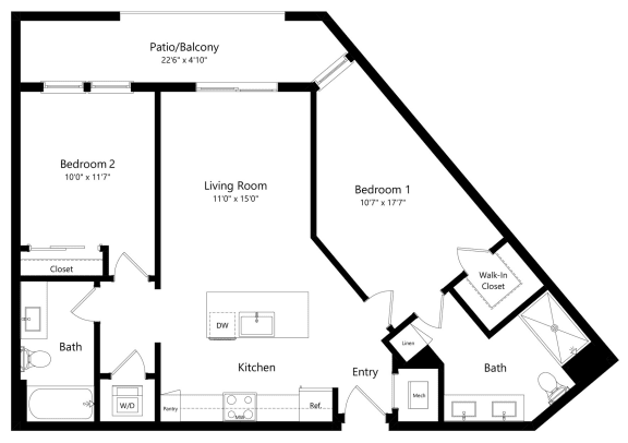 Two Bedroom Floor Plan with 1,104 Sq. Ft. at Aurora Luxury Apartments in Downtown Tampa FL