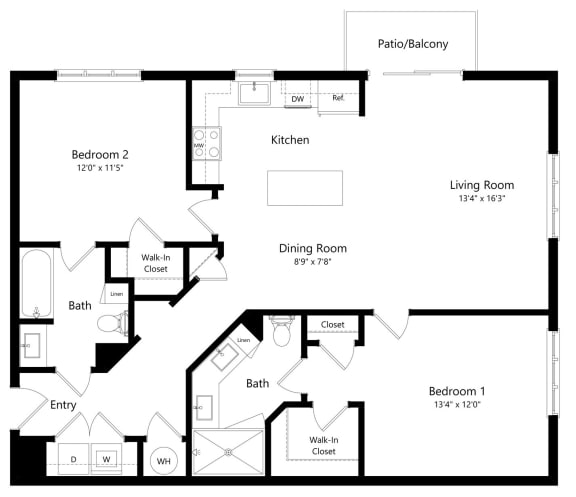 Two Bedroom Floor Plan at Azura Luxury Apartments in Kendall FL