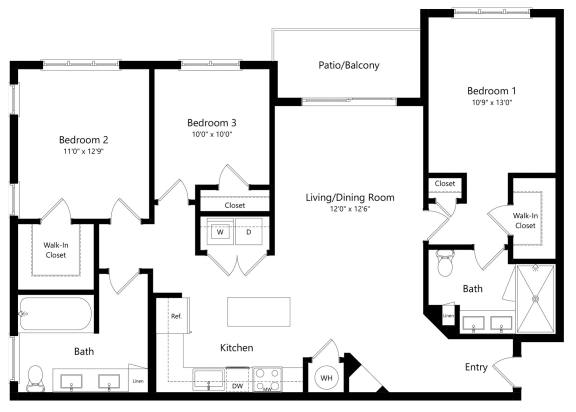 Floor Plan  Three Bedroom Floor Plan at Azura Luxury Apartments in Kendall FL