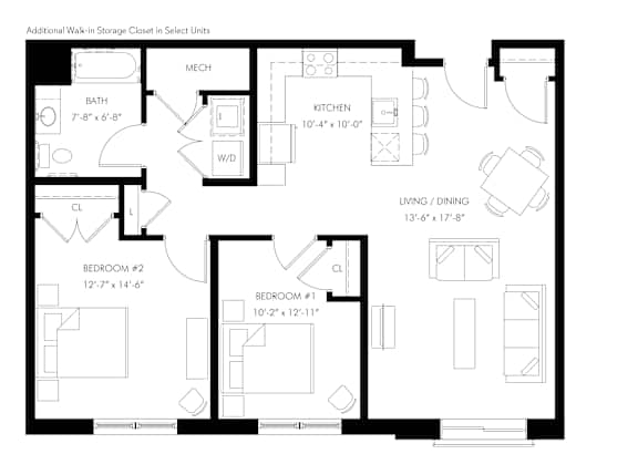 two bedroom - one bath floor plan at Norwalk Apartments
