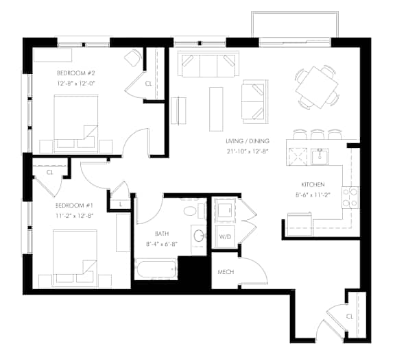 two bedroom - one bath apartment floor plan  | B5 | Norwalk CT