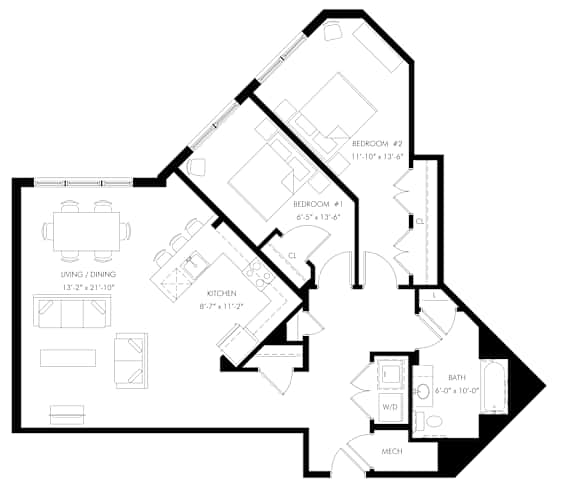 B7 two bedroom - 1 bath floor plan 1160 sf