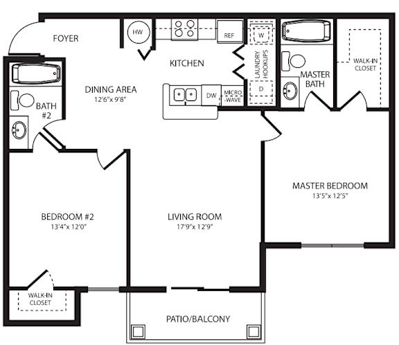 Two Bedroom Two Bath Floor Plan at Belleair Place Apartments