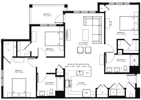 3 Bedroom Floor Plan at Glen Oaks Apartments in Wall, NJ